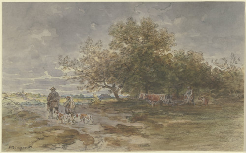 Landscape with a hunter and a farmer plowing a field, 1882. Creator: Anton Burger.