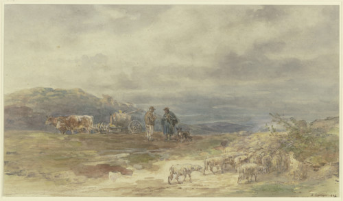 Landscape with a flock of sheep and an ox-drawn cart, 1881. Creator: Anton Burger.