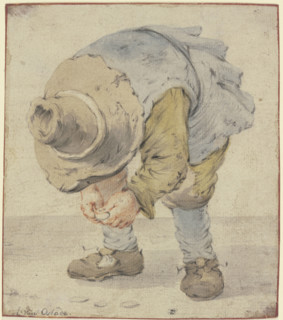 Boy stooping with a large hat, c1630-1680. Creator: Adriaen van Ostade.