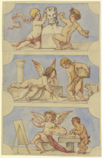 Allegories of sculpture, architecture, and painting embodied by putti, c1850-1870. Creator: Victor Muller.
