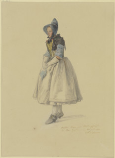 Standing peasant woman in her Sunday best facing left, (Matlies Stam from Willingshausen..., 1841. Creator: Jakob Dielmann.
