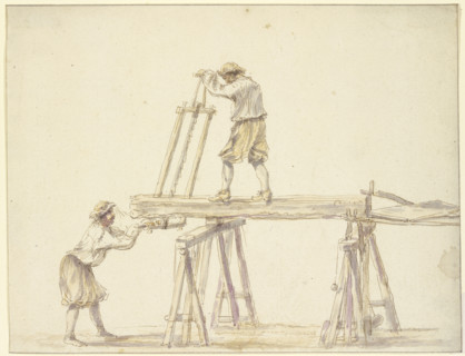 Two men sawing wood, 17th century; 18th century. Creator: Unknown.