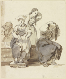 Four young girls by a well, two of them arranging their hair, c1771-1772. Creator: Georg Melchior Kraus.