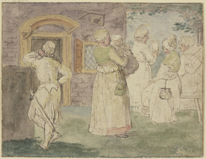 In front of an inn, a soldier is on the left, four drinking women..., c1610s. Creator: Hendrick Avercamp.