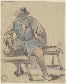 Seated farmer, hand resting on a jug on a bench in front of him, c1640-1674. Creator: Johannes Lingelbach.