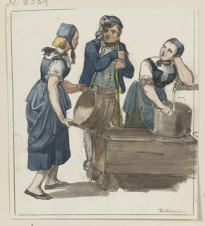Two girls and a boy at a fountain, c1830-1880. Creator: Jakob Dielmann.