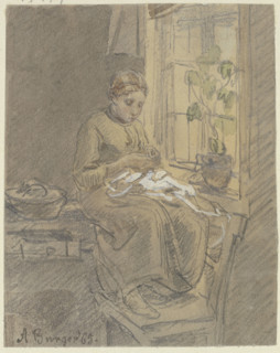 Girl at the window threading a needle, 1865. Creator: Anton Burger.