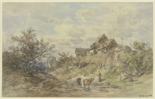 Landscape with a farmstead, two Cows with a farmer's wife in the foreground, 1888. Creator: Anton Burger.