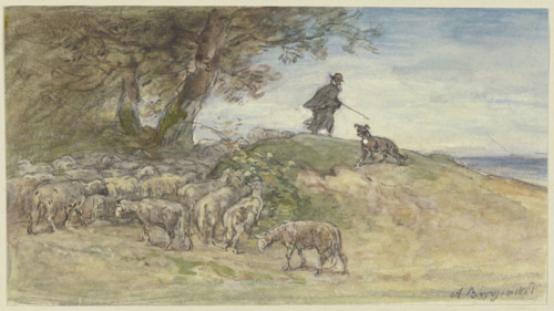 Sheep flock in a storm under a tree, 1881. Creator: Anton Burger.