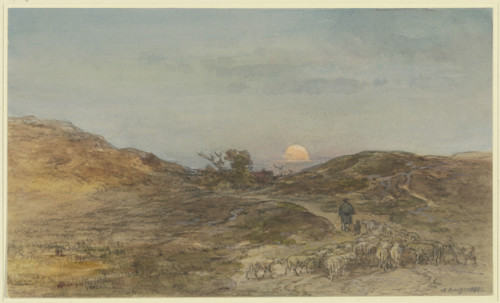 Sunken way with a flock of sheep at sunset, 1881. Creator: Anton Burger.