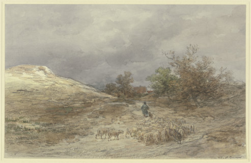 Sunken way with a flock of sheep near Kelsterbach, 1881. Creator: Anton Burger.