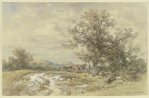 Landscape with a tall tree and a timber cart, 1885. Creator: Anton Burger.