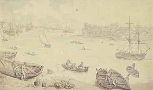 River with many ships and a shipyard, late 18th century. Creator: Thomas Rowlandson.