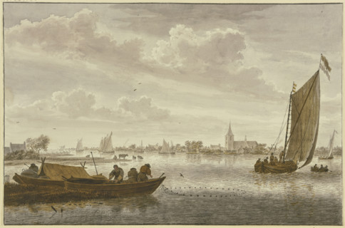 A river, bustling with ships and boatmen, with a small town nearby, mid-late 18th century. Creator: Cornelis van Noorde.
