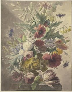 Bouquet in a vase with bas-relief, a rose and a tulip lie in front, 18th century. Creator: J. H. van Loon.