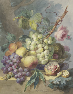 Fruit scene with grapes, peaches, etc, including a rose, 1801. Creator: Willem van Leen.