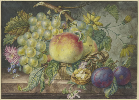 Fruit scene, a basket with grapes and peaches, including a nut and two plums. Creator: Oswald Wijnen.