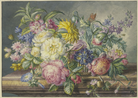 Bouquet in a basket, with a snail and a butterfly. Creator: Oswald Wijnen.