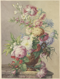 Bouquet in a vase on a marble table. Creator: Oswald Wijnen.