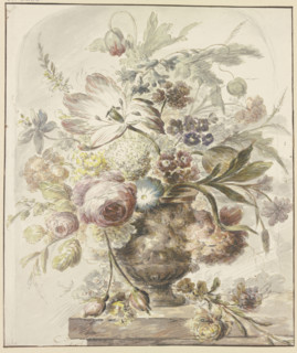 Bouquet in a vase with bas-relief, two rosebuds hang down on the left, 18th century. Creator: J. H. van Loon.