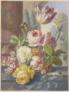 A bouquet of flowers in a basket, a butterfly on a tulip, a snail in the foreground, 1781. Creator: Johannes Christianus Roedig.