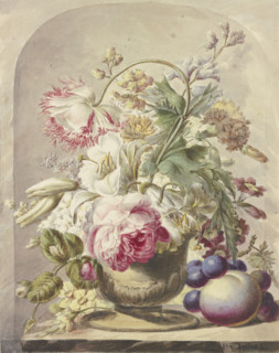 Bouquet in a vase, a peach and some grapes in the front right, 18th century. Creator: J. H. van Loon.