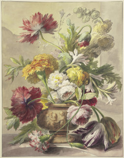 Bouquet in a vase with bas-relief of poppies, roses, tulips, a bent carnation..., 18th century. Creator: J. H. van Loon.