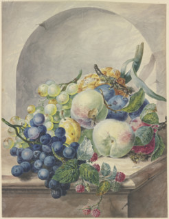 Fruit scene in a niche on a marble table, plums, peaches, grapes, and blackberries. Creator: Paul Theodor van Brussel.