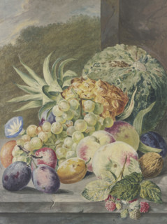 Fruit scene, melon, pineapple, grapes, peaches, plums, nuts. Creator: Paul Theodor van Brussel.
