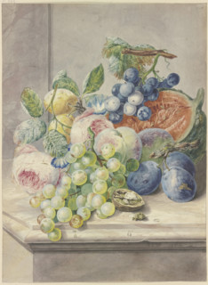 Fruit scene with a cut melon and two roses, grapes, peaches, plums, and a walnut, 1782. Creator: Paul Theodor van Brussel.