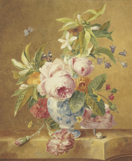 A bouquet of flowers in a blue vase with three butterflies, a snail in the foreground..., 1756. Creator: Jan Matthias Kok.
