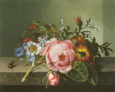 Spray of flowers, with a beetle on a stone balustrade, 1741. Creator: Rachel Ruysch.