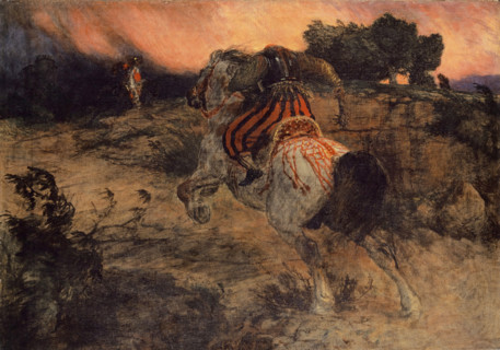 Astolf Riding Away with the Head of Orill, 1873. Creator: Arnold Bocklin.