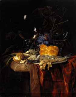 Still life with a roemer, fish, bread, walnuts, onions and grapes on a dark cloth, 1679. Creator: Willem van Aelst.