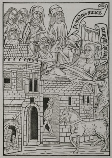 Medieval allegory of the temptation to avarice..., 1415, (1877).  Creator: Unknown.
