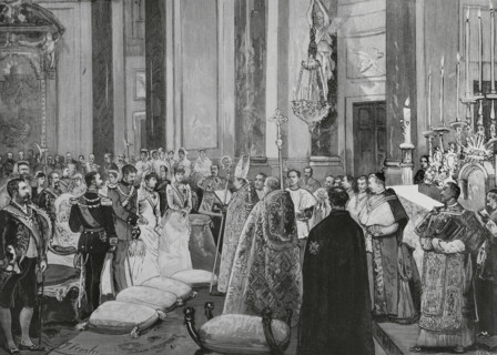 Ceremony of the nuptial blessing in the Royal Chapel of Infanta María de la Paz of Spain, 1883. Creator: Eugenio Vela.