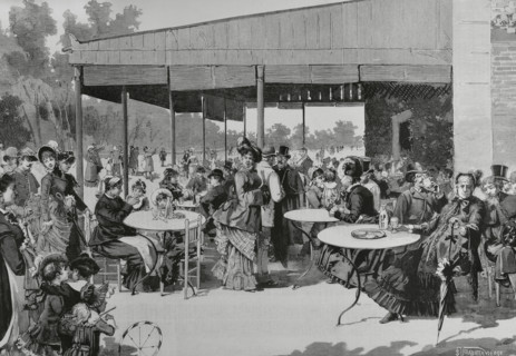 Scene at Retiro Park, featuring elegantly dressed people enjoying the afternoon, Madrid, Spain,1883. Creator: Bernardo Rico.