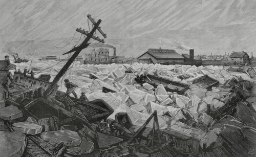 Invasion of Herr's Island, (Pittsburgh) by water and ice floes from the Alleghany River, Feb 1883. Creator: Bernardo Rico.