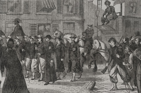 Franco-Prussian War (1870-1871): French press ambulance corps passing through Rheims, 1870. Creator: Unknown.