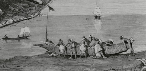 Bubis launching a canoe into the water, Concepcion Bay, Fernando Poo Island, Spanish Guinea, 1883.  Creator: Tomás Carlos Capuz.