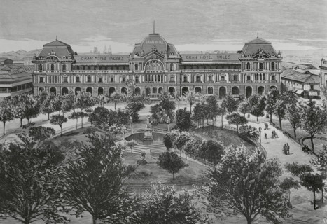 Panoramic view of the Plaza de Armas and main façade of the Gran Hotel Inglés, Santiago, Chile,1883. Creator: Eugenio Vela.