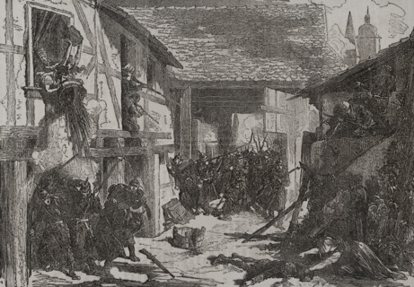Franco-Prussian War (1870-1871): Battle of Wissembourg, 1870 -  Peasants defending a farmhouse,1870. Creator: Unknown.