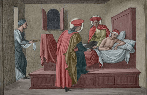 Saint Cosmas and Saint Damian visiting a sick person and administering aid, 3rd cent (1877). Creator: Etienne Huyot.