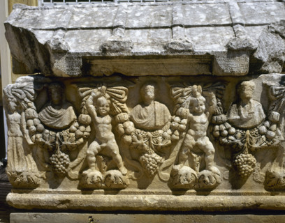 Detail of one of the faces of a Roman sarcophagus, Aphrodisias (Anatolia, Turkey), 2000. Creator: LTL.