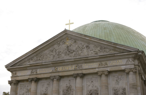 Architectural detail of the facade, St Hedwig's Cathedral, Berlin, Germany, 2025.  Creator: LTL.
