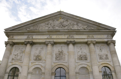 General view of the facade, St Hedwig's Cathedral, Berlin, Germany, 2025.  Creator: LTL.