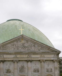Architectural detail of the facade and dome, St Hedwig's Cathedral, Berlin, Germany, 2025.  Creator: LTL.