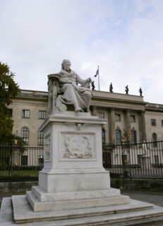 Marble statue of Wilhelm von Humboldt at the entrance to Humboldt University, Berlin, Germany, 2025. Creator: LTL.