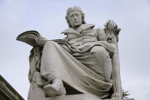 Marble statue of Wilhelm von Humboldt at the entrance to Humboldt University, Berlin, Germany, 2025. Creator: LTL.