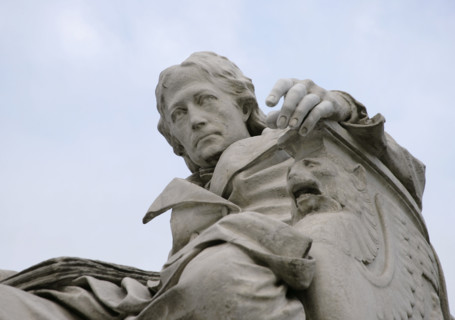 Marble statue of Wilhelm von Humboldt at the entrance to Humboldt University, Berlin, Germany, 2025. Creator: LTL.